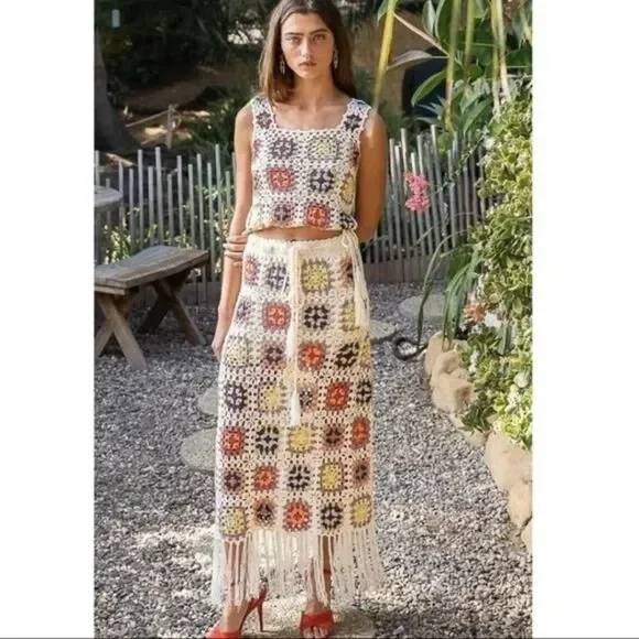 POL Dresses & Skirts - POL Crochet Square Knit Maxi Skirt Size L Tassel Fringe Boho Grandma Core Cream